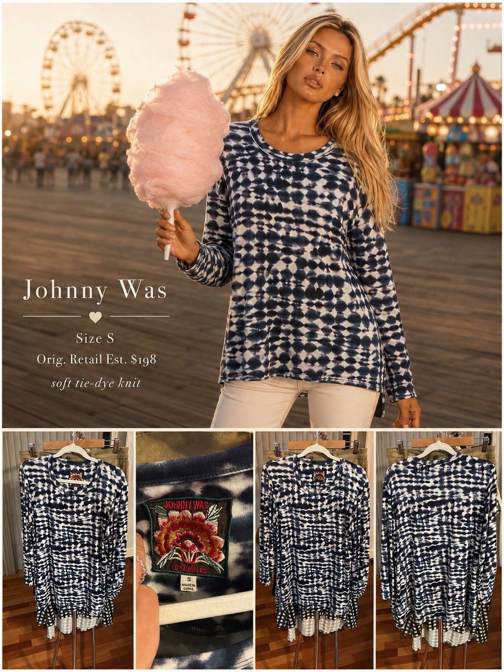 Johnny Was Navy and White Tie-Dye Long Sleeve Top
